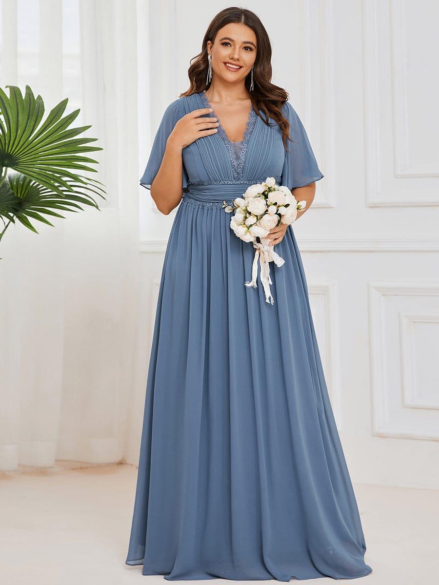 Lace A-Line Short Sleeve Chiffon Bridesmaid Dress #color_Dusty Blue