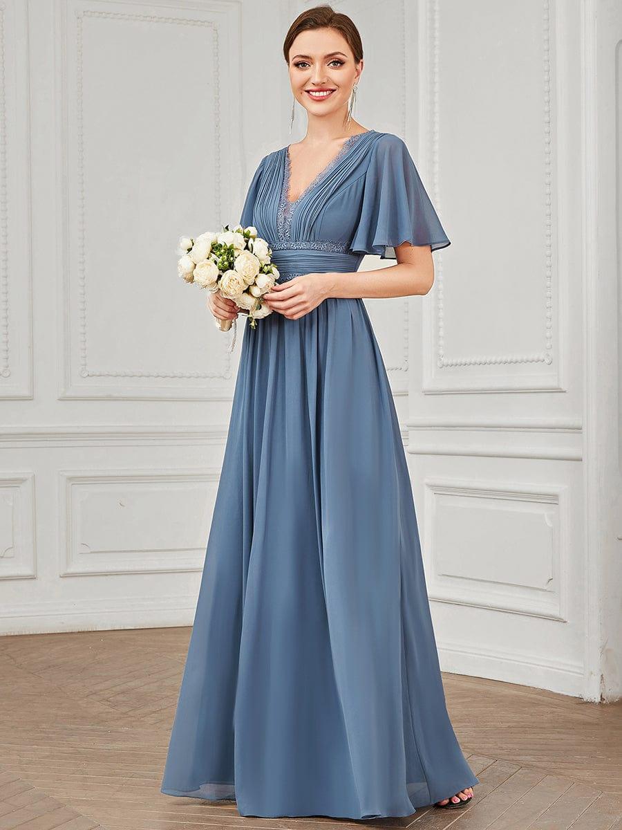 Lace A-Line Short Sleeve Chiffon Bridesmaid Dress #color_Dusty Blue