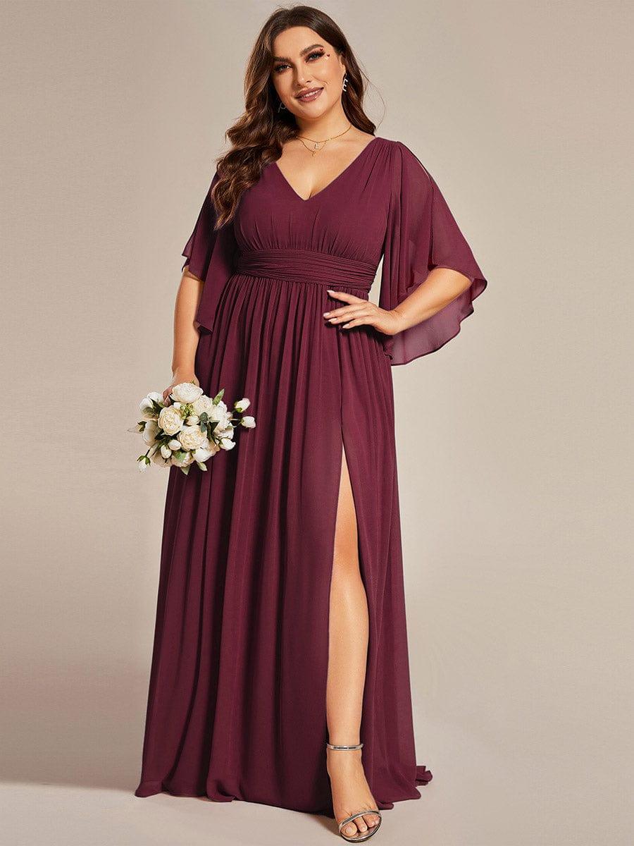 Wilma | Plus Size Half Sleeve Pleated A-Line V-Neck Chiffon Bridesmaid Dress