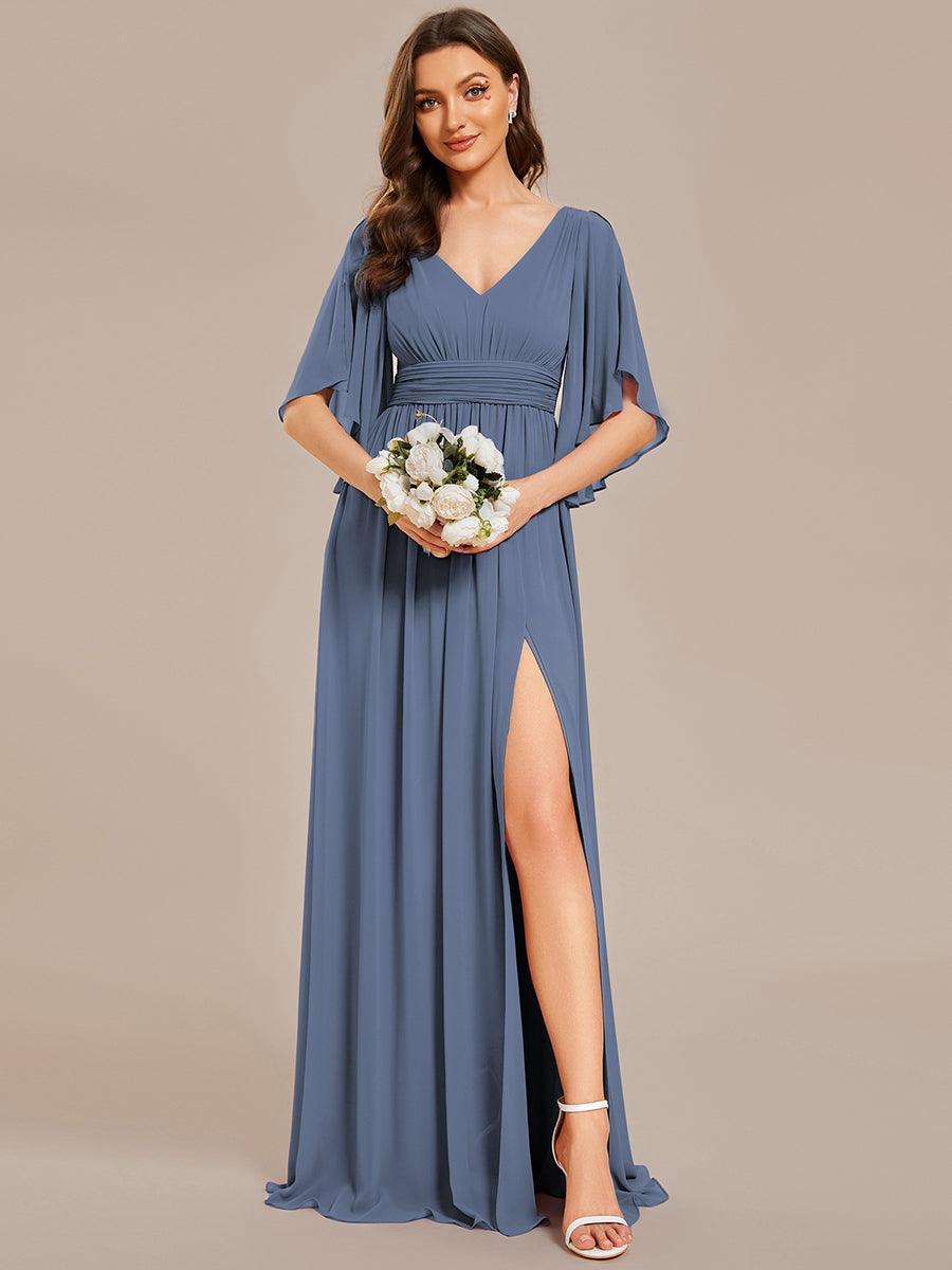 Wilma | Half Sleeve V-Neck Pleated High Slit A-Line Chiffon Bridesmaid Dress