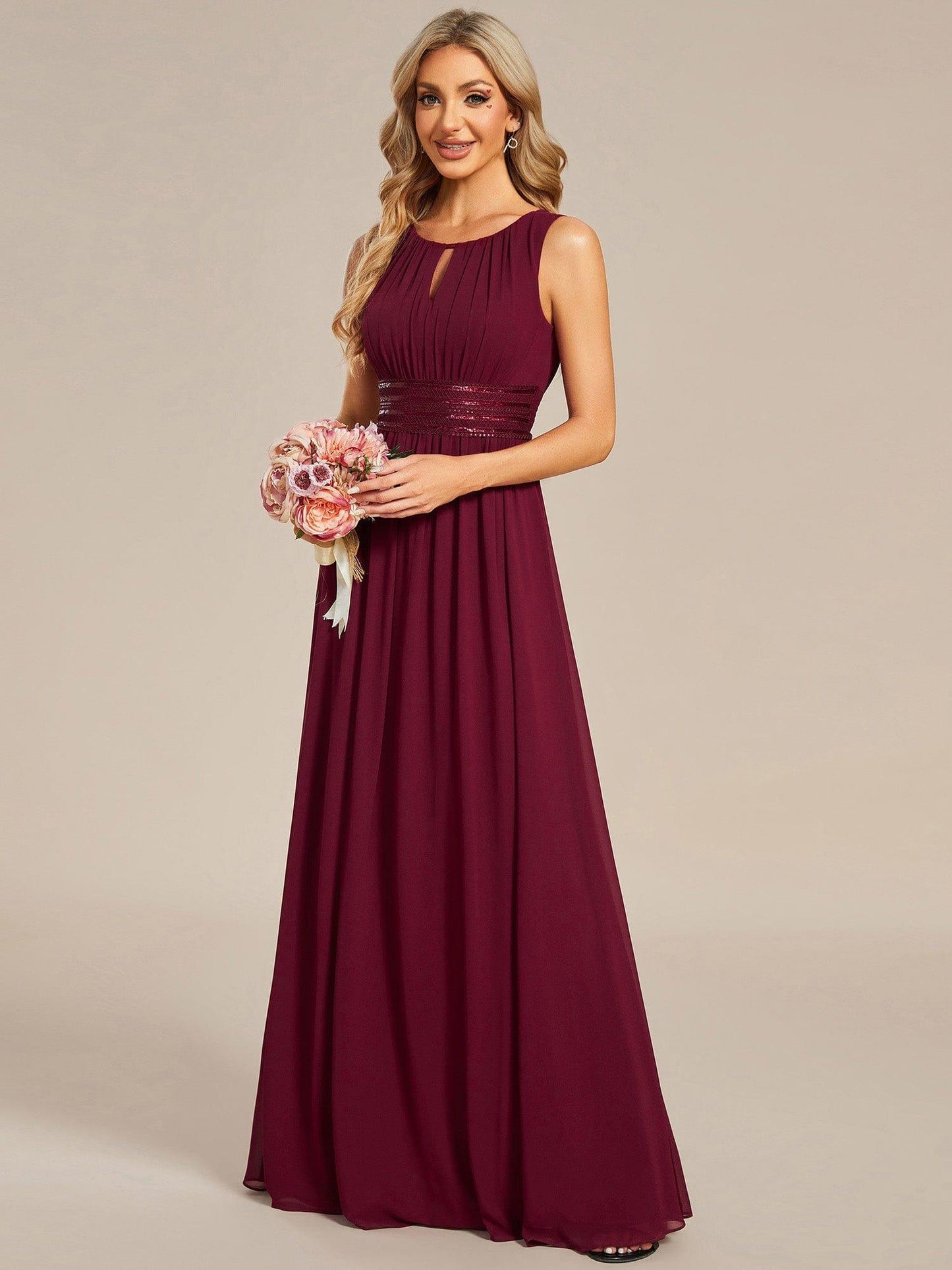 Simple Sleeveless A-line Chiffon Bridesmaid Dress with Hollow Out Detail #color_Burgundy