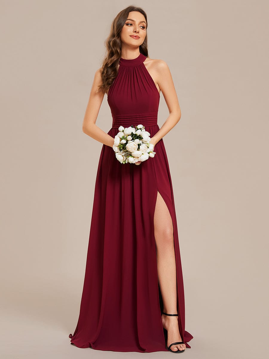 Chiffon Halter Straps Sleeveless Pleated A-Line High Slit Maxi Bridesmaid Dress #color_Burgundy