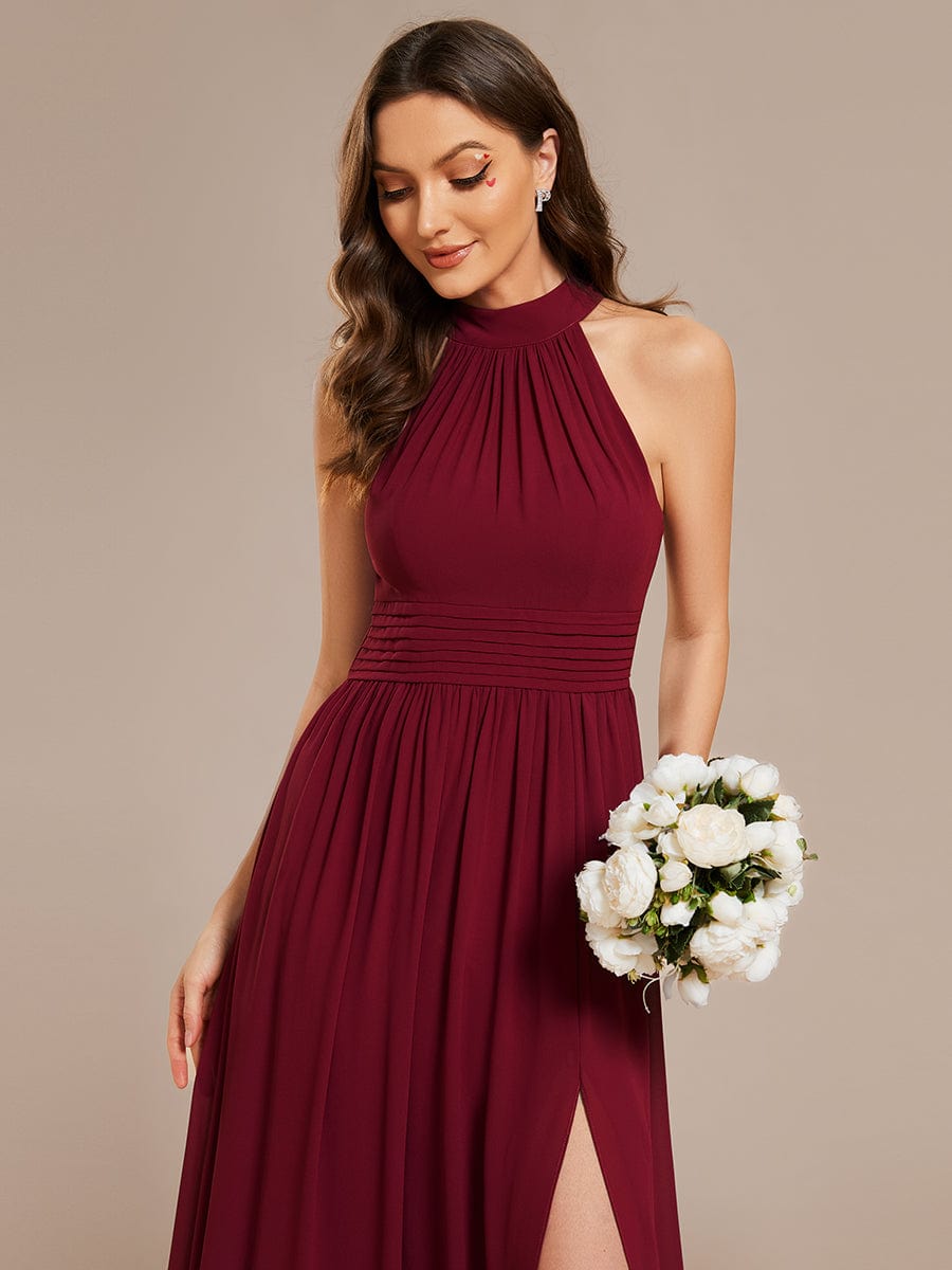 Chiffon Halter Straps Sleeveless Pleated A-Line High Slit Maxi Bridesmaid Dress #color_Burgundy