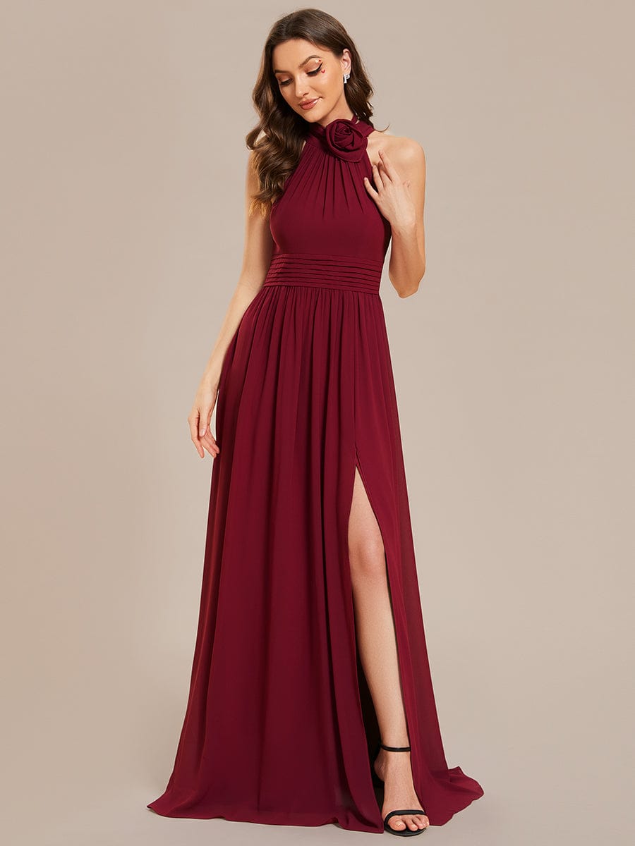 Chiffon Halter Straps Sleeveless Pleated A-Line High Slit Maxi Bridesmaid Dress #color_Burgundy