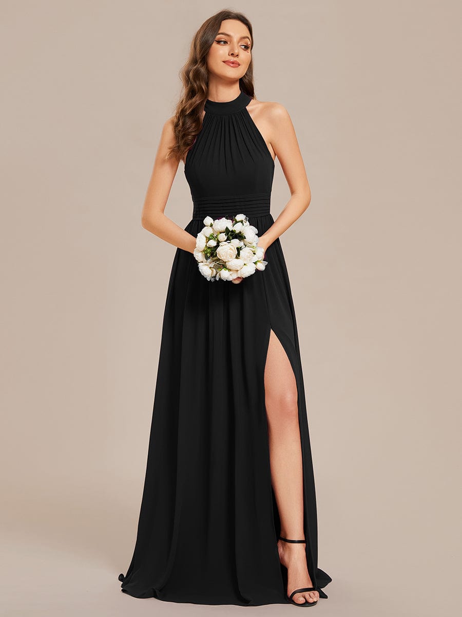 Chiffon Halter Straps Sleeveless Pleated A-Line High Slit Maxi Bridesmaid Dress #color_Black