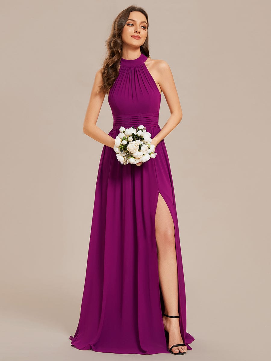Chiffon Halter Straps Sleeveless Pleated A-Line High Slit Maxi Bridesmaid Dress #color_Fuchsia