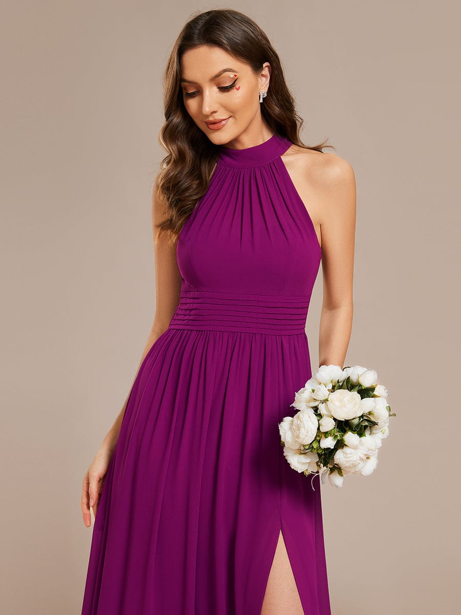 Chiffon Halter Straps Sleeveless Pleated A-Line High Slit Maxi Bridesmaid Dress #color_Fuchsia