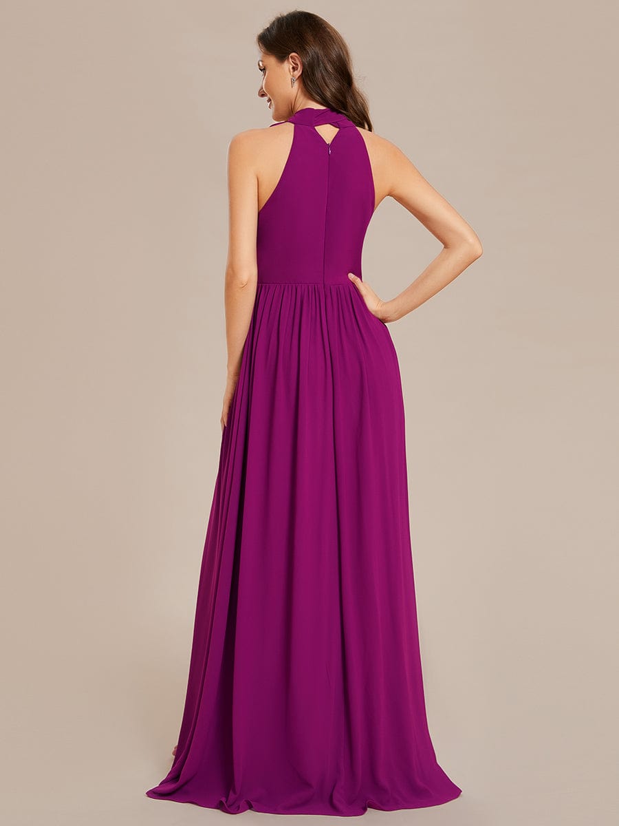 Chiffon Halter Straps Sleeveless Pleated A-Line High Slit Maxi Bridesmaid Dress #color_Fuchsia
