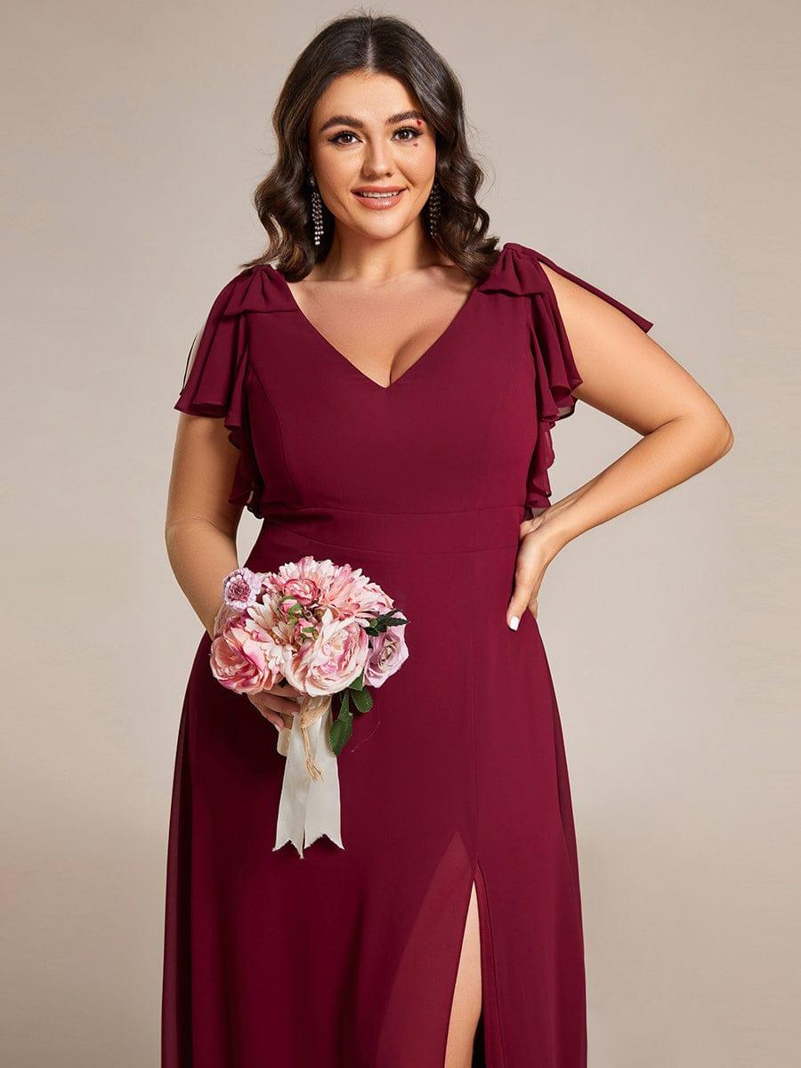 Plus Size Split Ruffles Sleeves with Bowknot Double V-neck Chiffon Bridesmaid Dress #color_Burgundy