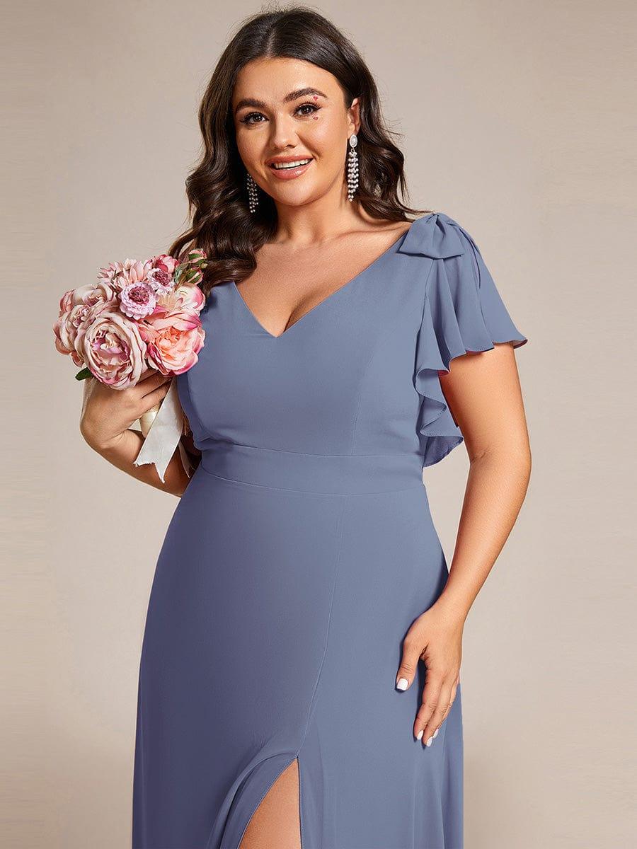 Plus Size Split Ruffles Sleeves with Bowknot Double V-neck Chiffon Bridesmaid Dress #color_Dusty Blue