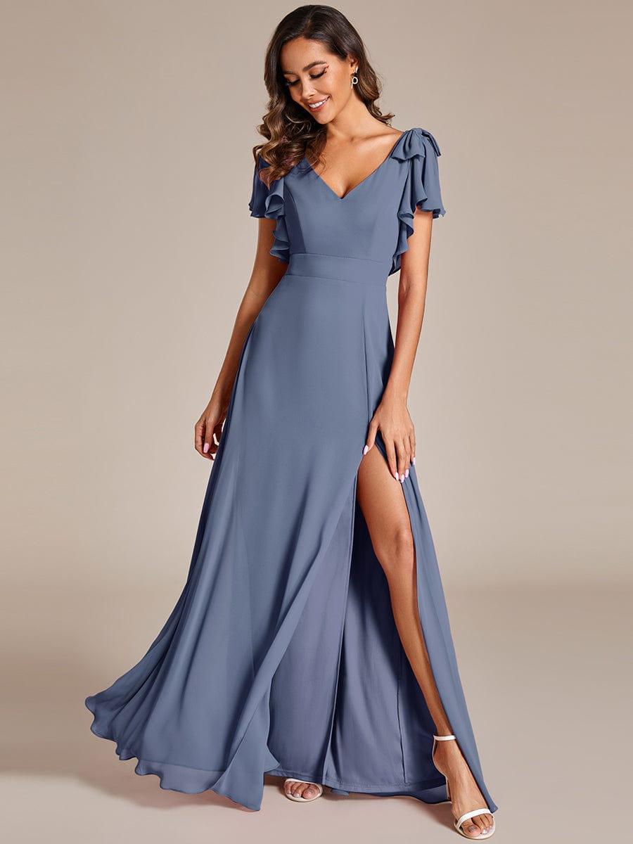 Short Sleeves with Bowknot High Front Slit A-Line Chiffon Bridesmaid Dress #color_Dusty Blue