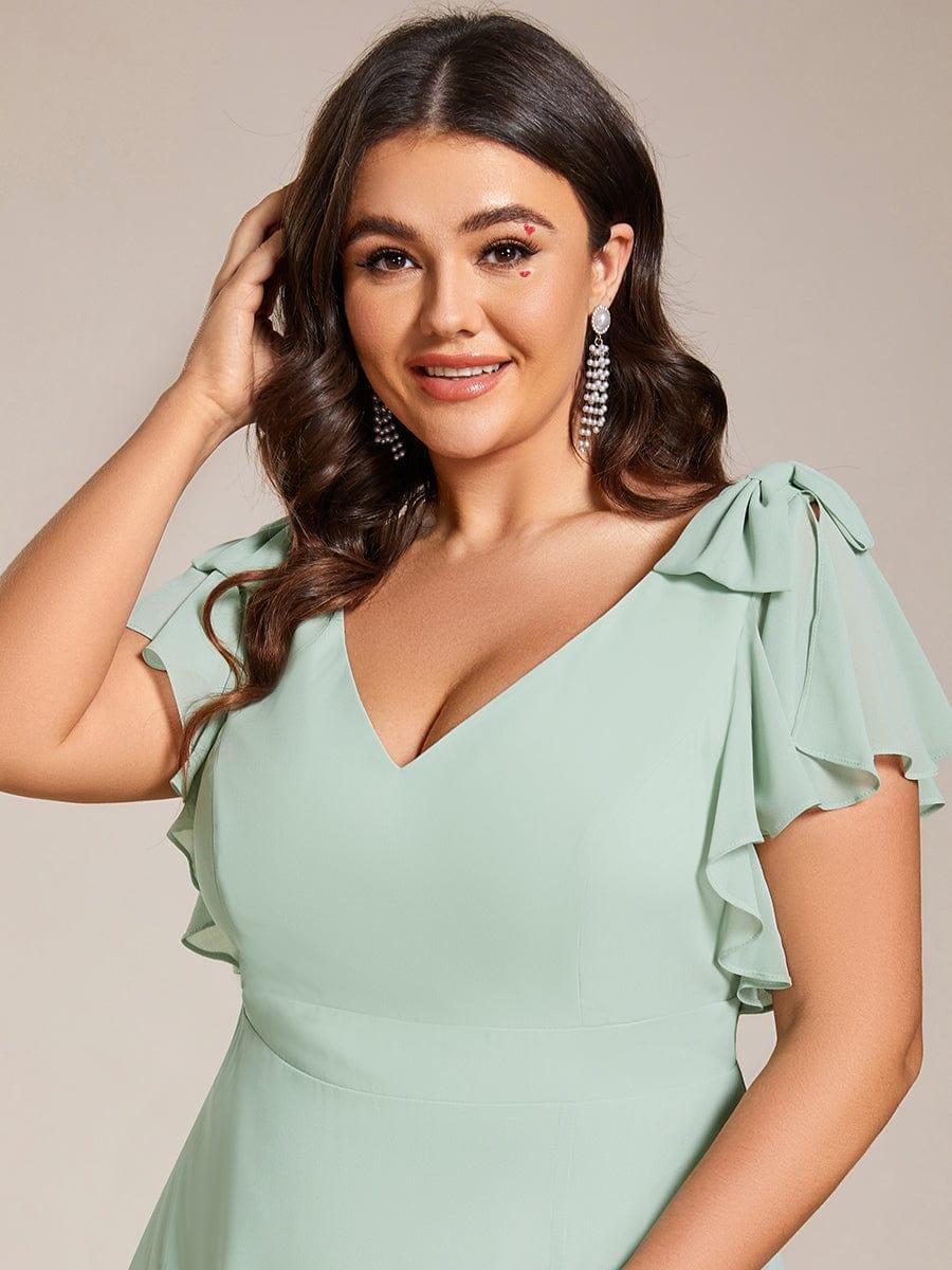 Plus Size Split Ruffles Sleeves with Bowknot Double V-neck Chiffon Bridesmaid Dress #color_Mint Green