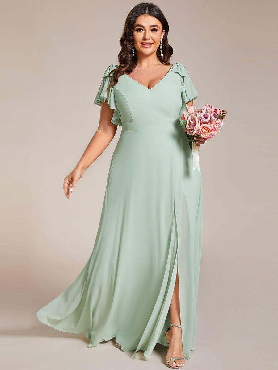 Plus Size Split Ruffles Sleeves with Bowknot Double V-neck Chiffon Bridesmaid Dress #color_Mint Green