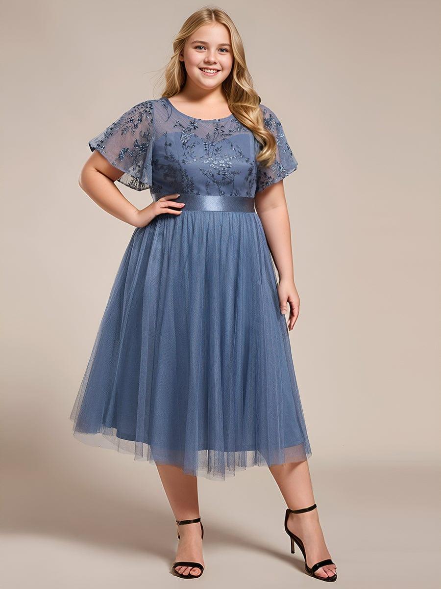 Embellished Tulle Midi Bridesmaid Dress with Sheer Sleeves #color_Dusty Blue