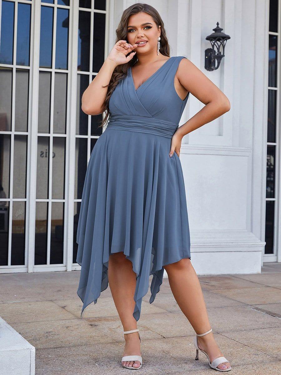 Plus Size Double V Neck Ruched-Waist Midi Chiffon Bridesmaid Dress #color_Dusty Blue