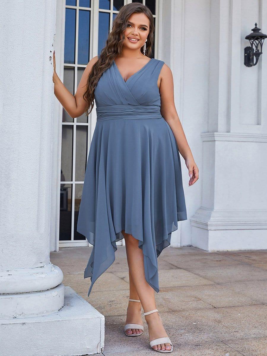 Plus Size Double V Neck Ruched-Waist Midi Chiffon Bridesmaid Dress #color_Dusty Blue
