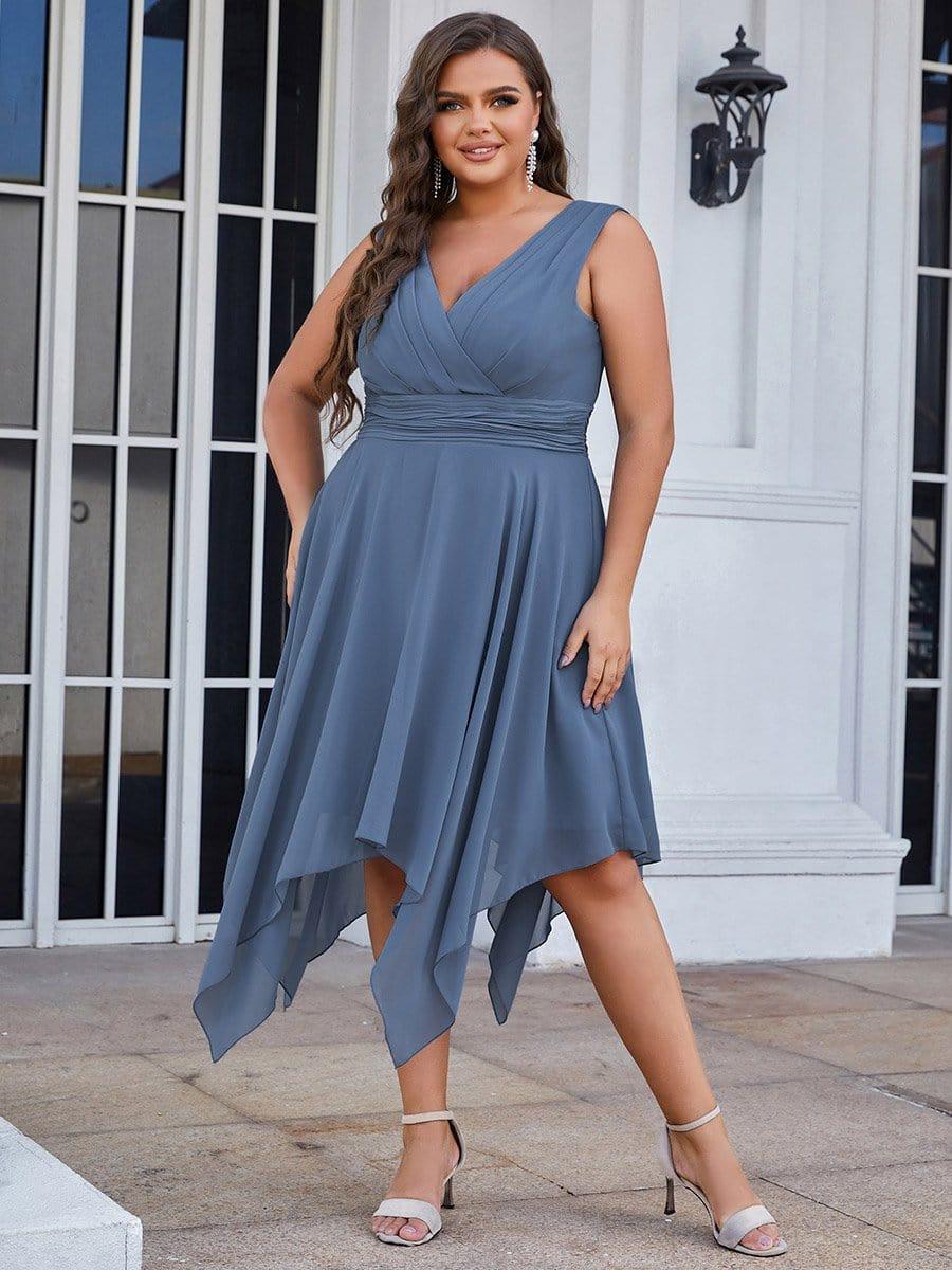 Plus Size Double V Neck Ruched-Waist Midi Chiffon Bridesmaid Dress #color_Dusty Blue