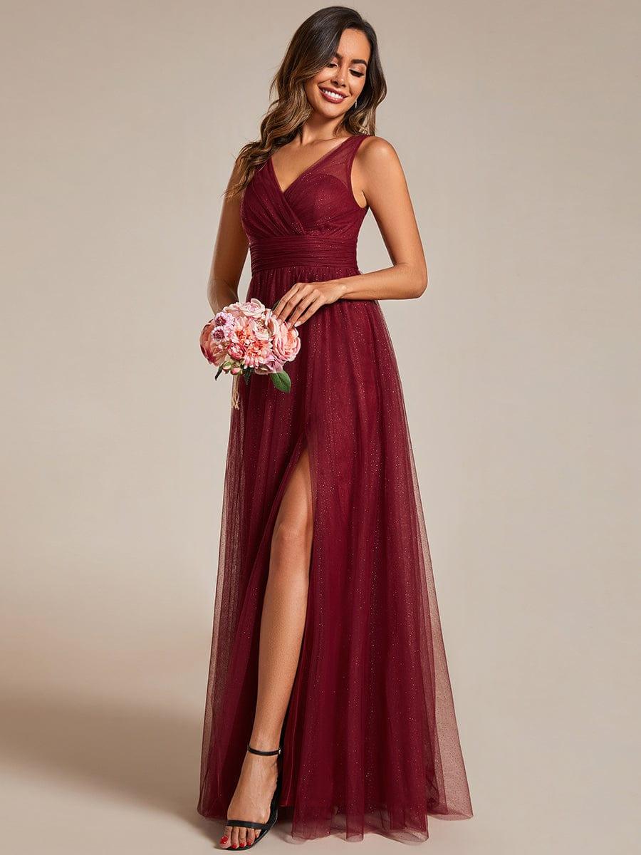 Glittering High Slit Sleeveless Bridesmaid Dress with Empire Waist #color_Burgundy