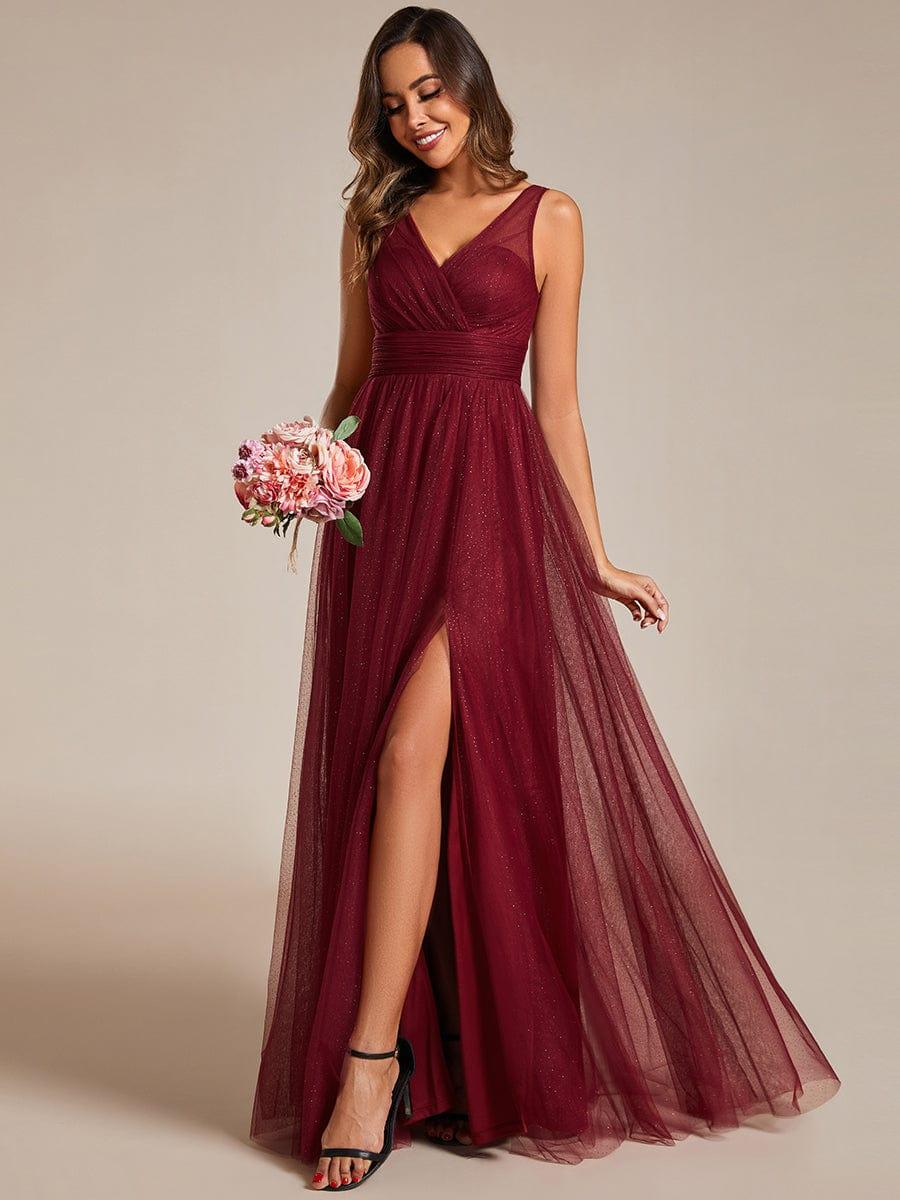 Glittering High Slit Sleeveless Bridesmaid Dress with Empire Waist #color_Burgundy