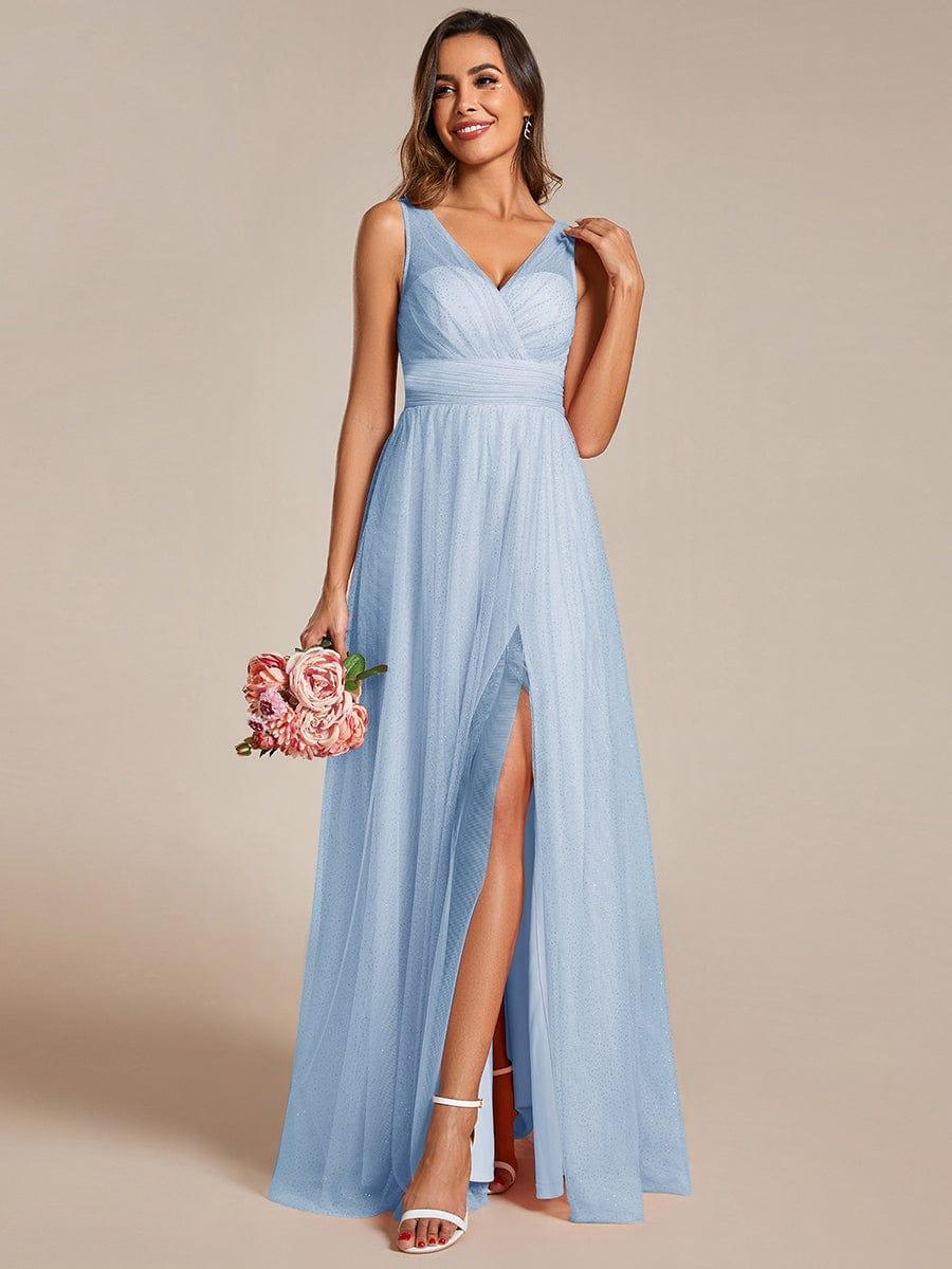 Glittering High Slit Sleeveless Bridesmaid Dress with Empire Waist #color_Light Blue