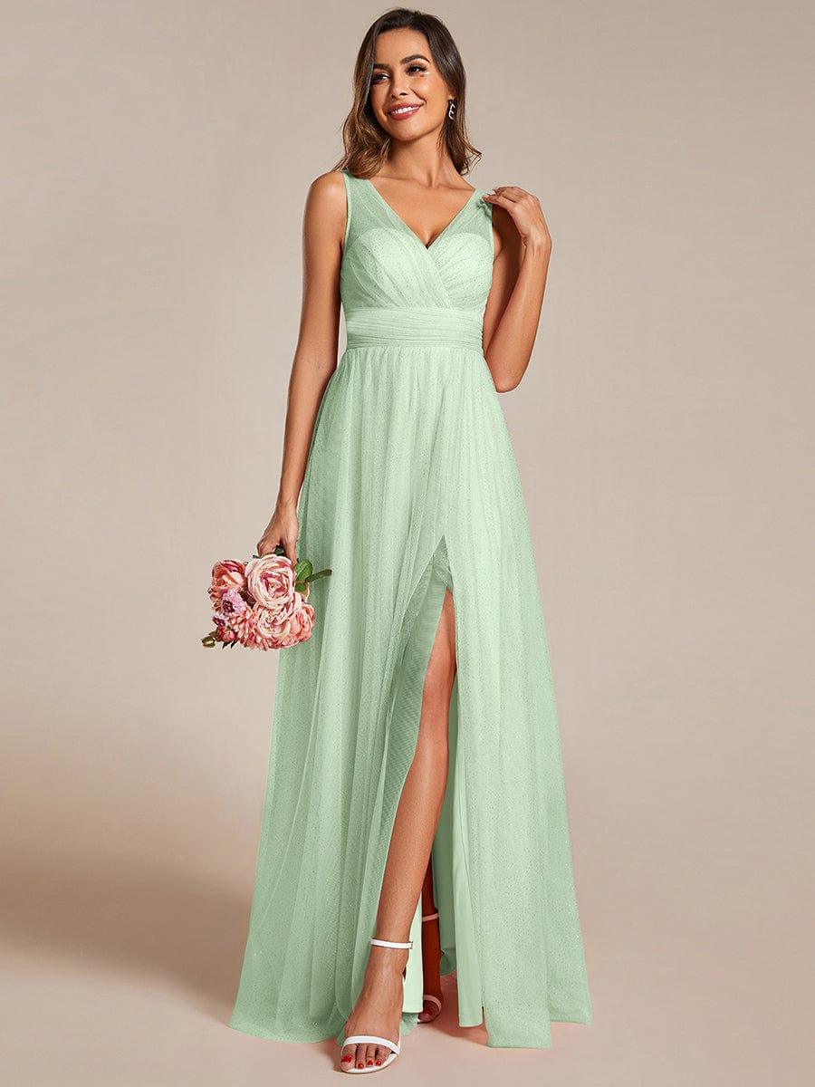 Glittering High Slit Sleeveless Bridesmaid Dress with Empire Waist #color_Mint Green