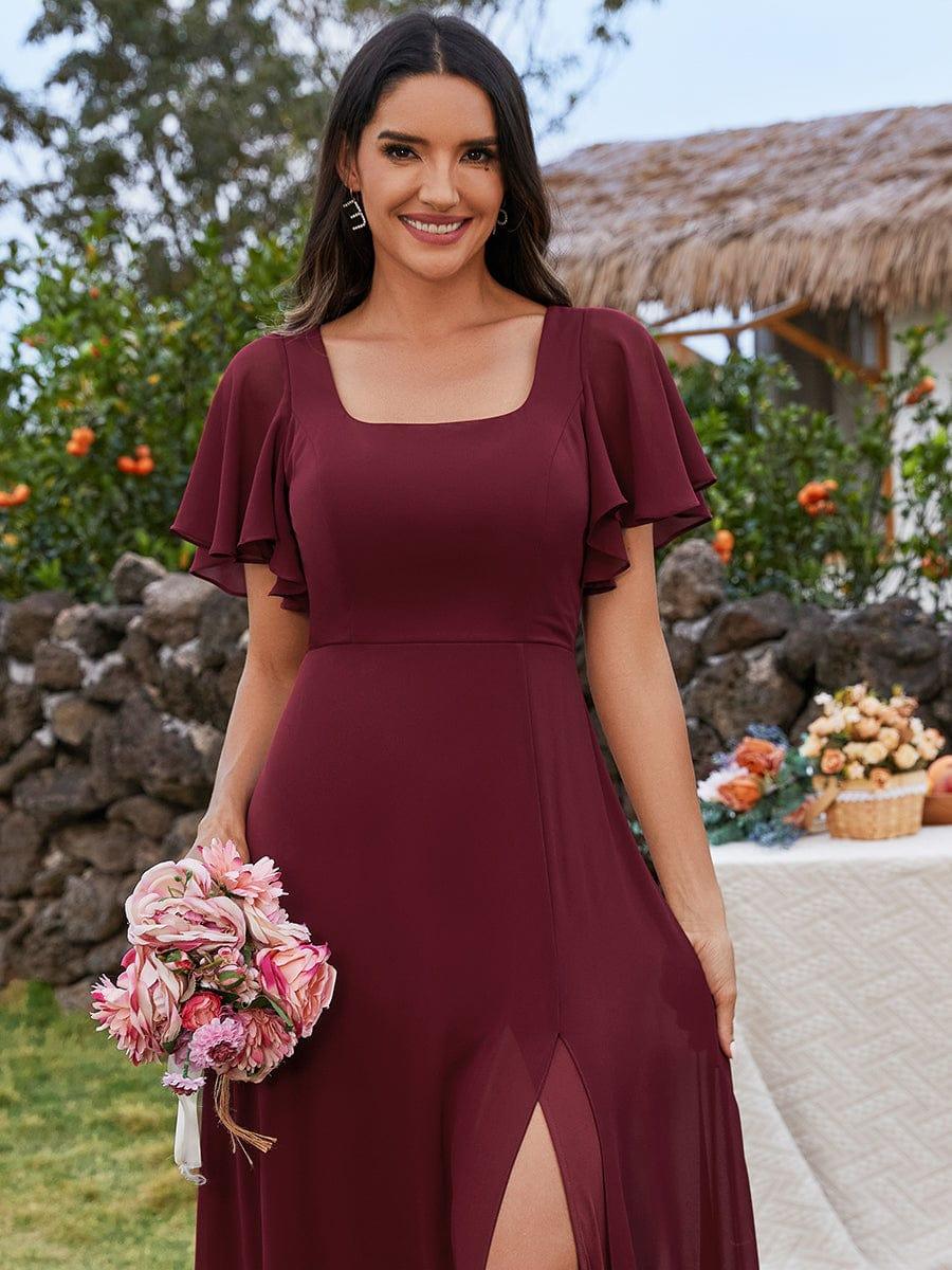 U-Neck and Back Tie High Slit Bridesmaid Dress with Ruffle Sleeves #color_Burgundy