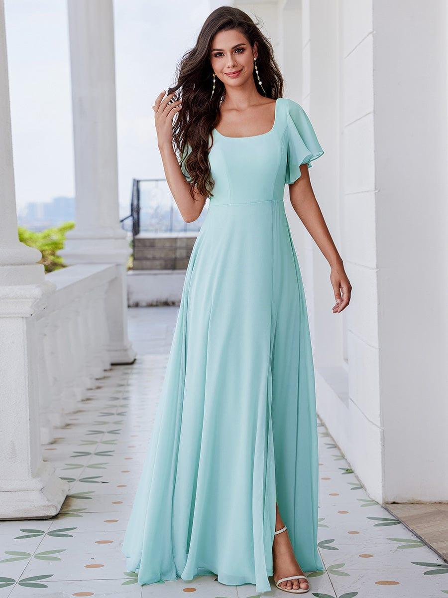 U-Neck and Back Tie High Slit Bridesmaid Dress with Ruffle Sleeves #color_Sky Blue