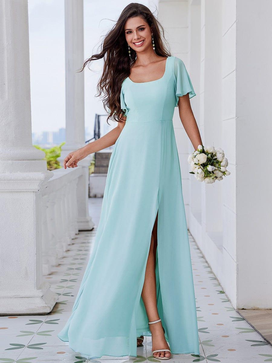 U-Neck and Back Tie High Slit Bridesmaid Dress with Ruffle Sleeves #color_Sky Blue
