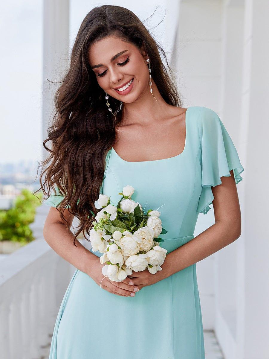 U-Neck and Back Tie High Slit Bridesmaid Dress with Ruffle Sleeves #color_Sky Blue