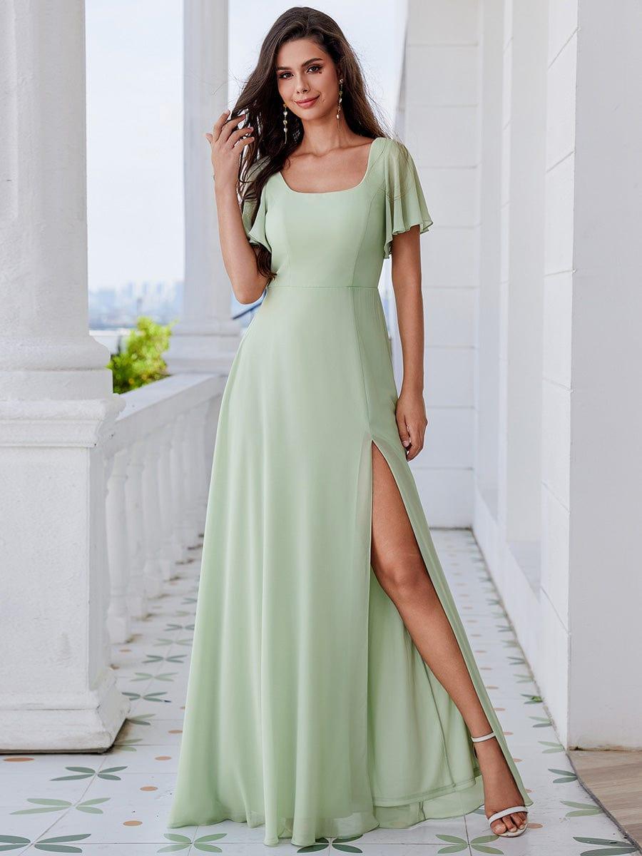 U-Neck and Back Tie High Slit Bridesmaid Dress with Ruffle Sleeves #color_Mint Green