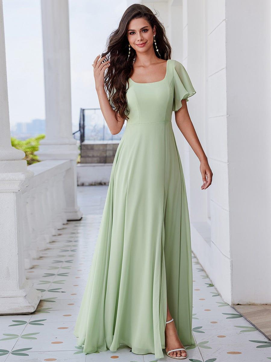 U-Neck and Back Tie High Slit Bridesmaid Dress with Ruffle Sleeves #color_Mint Green