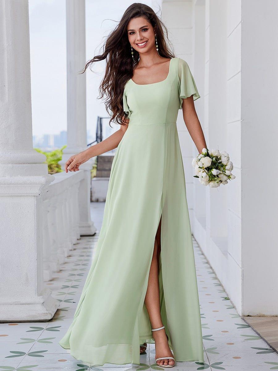 U-Neck and Back Tie High Slit Bridesmaid Dress with Ruffle Sleeves #color_Mint Green