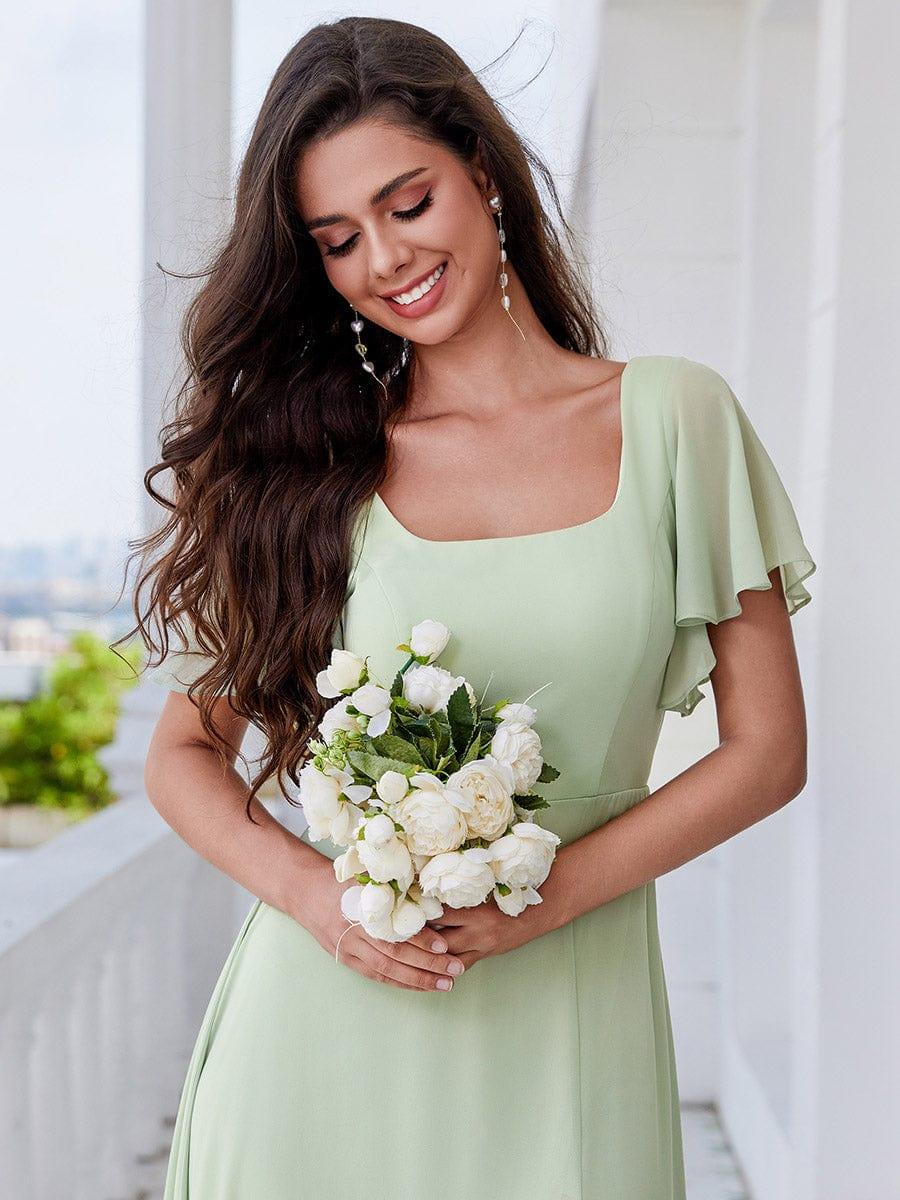 U-Neck and Back Tie High Slit Bridesmaid Dress with Ruffle Sleeves #color_Mint Green