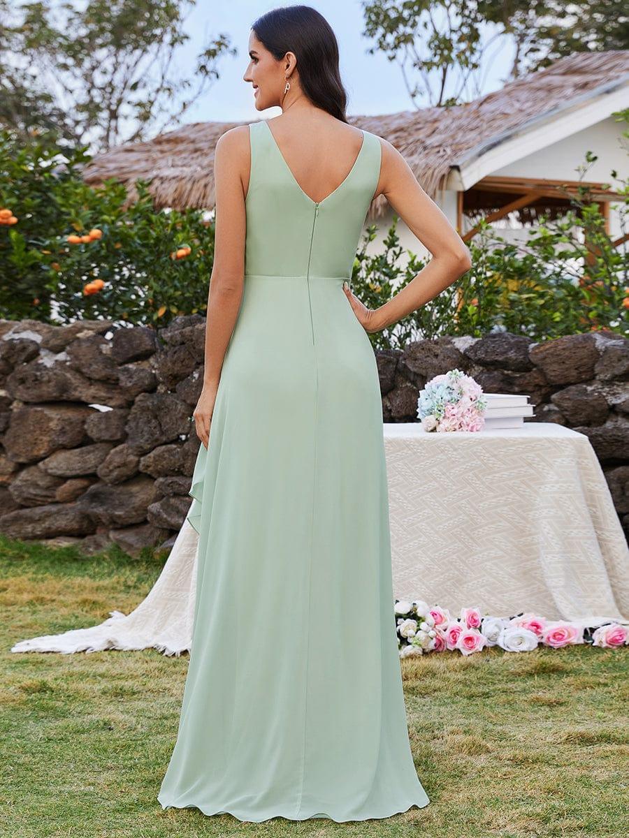 Chic High-Low V-Neck Chiffon Bridesmaid Dress with Front Pleating #color_Mint Green