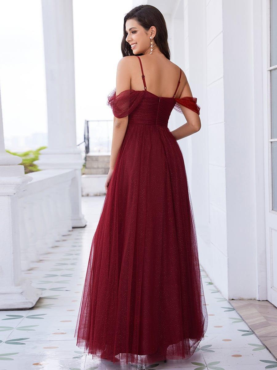 Spaghetti Strap Backless Sweetheart A-Line Tulle Bridesmaid Dress #color_Burgundy