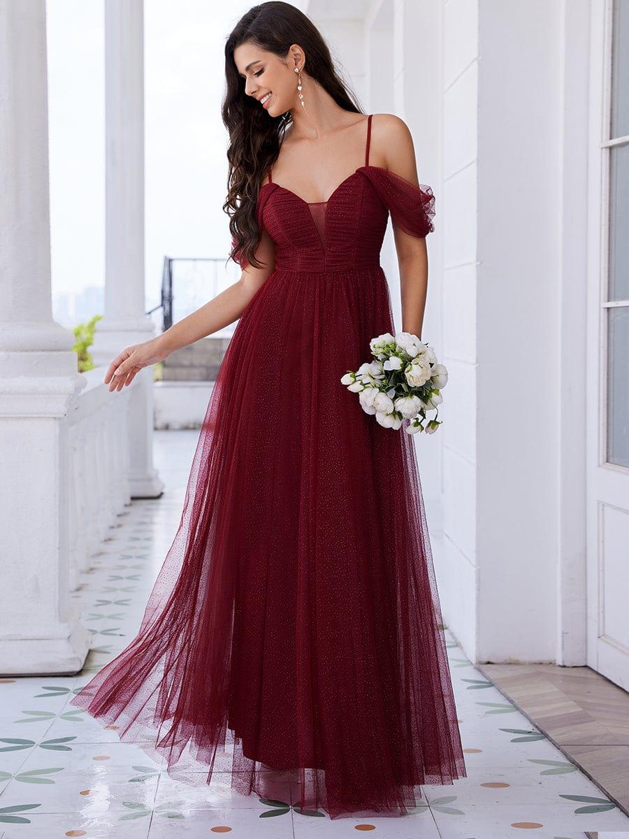 Spaghetti Strap Backless Sweetheart A-Line Tulle Bridesmaid Dress #color_Burgundy