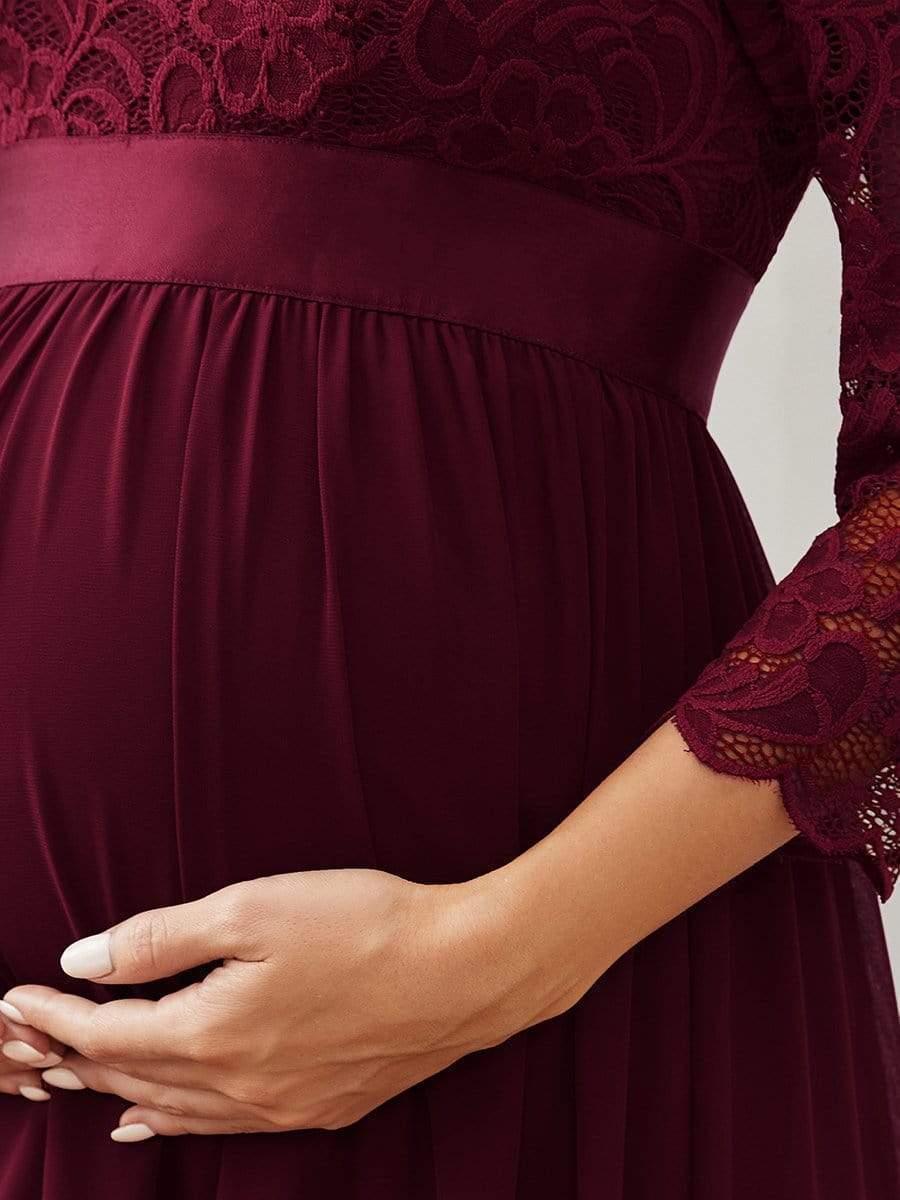 Sweetheart 3/4 Sleeve Floor-Length Lace Bump Friendly Dress #color_Burgundy