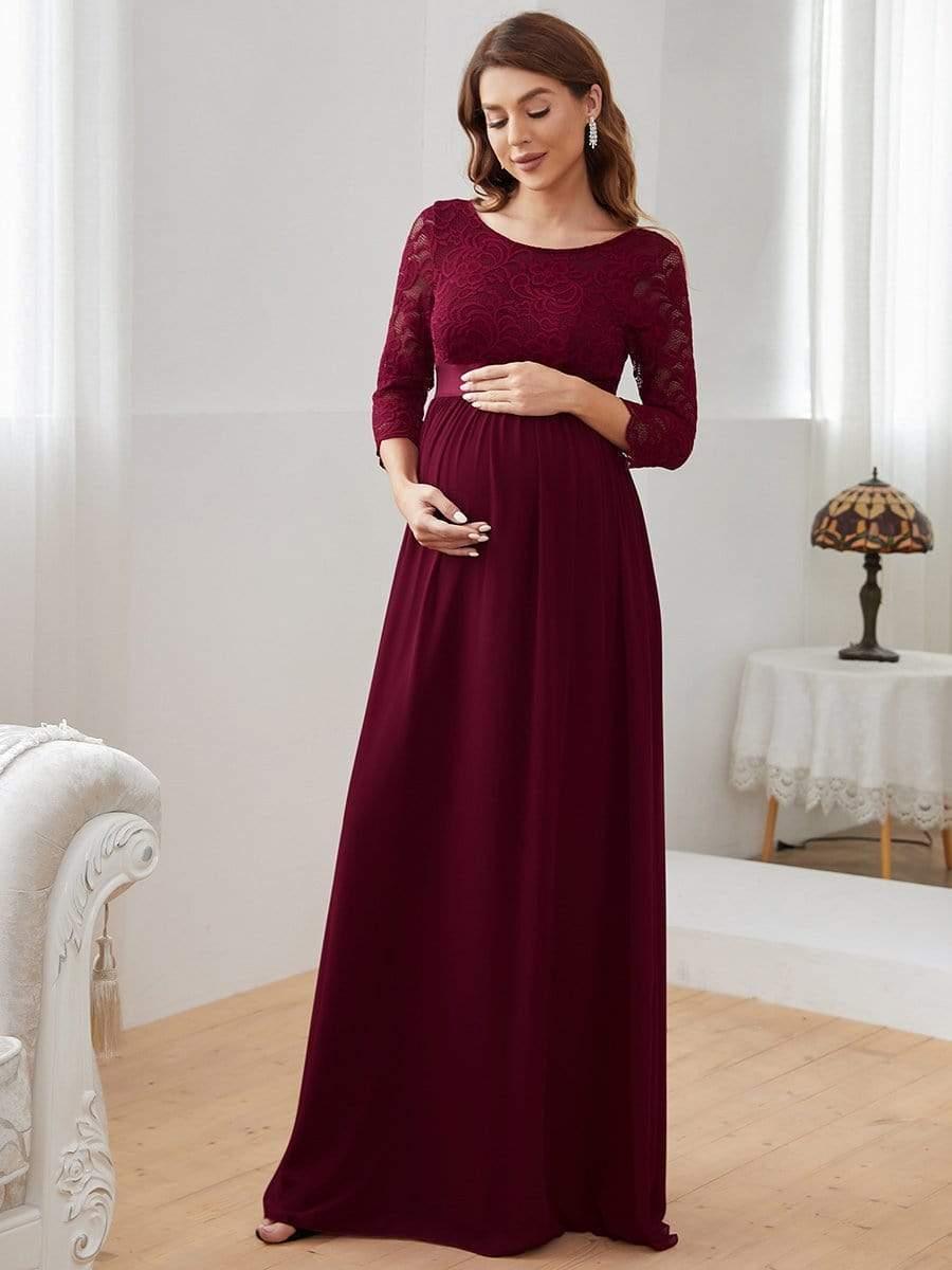 Sweetheart 3/4 Sleeve Floor-Length Lace Bump Friendly Dress #color_Burgundy