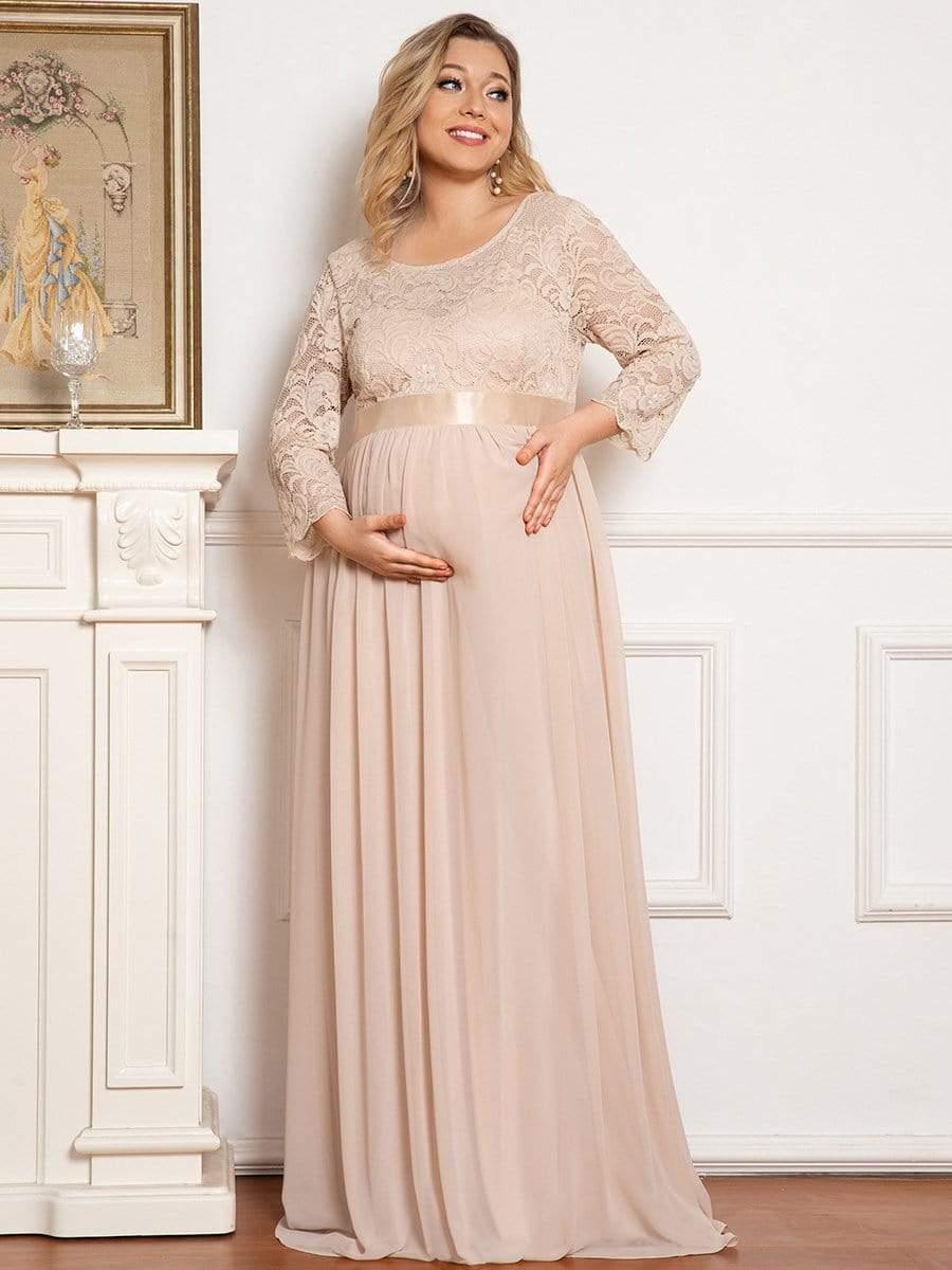 Plus Size Long Lace Sleeve Maternity Formal Dresses #color_Blush