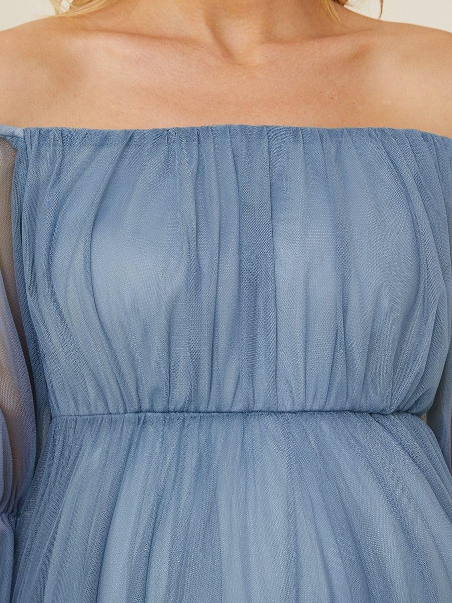 Sheer Off-Shoulder Double Skirt Maxi Maternity Dress #color_Dusty Blue