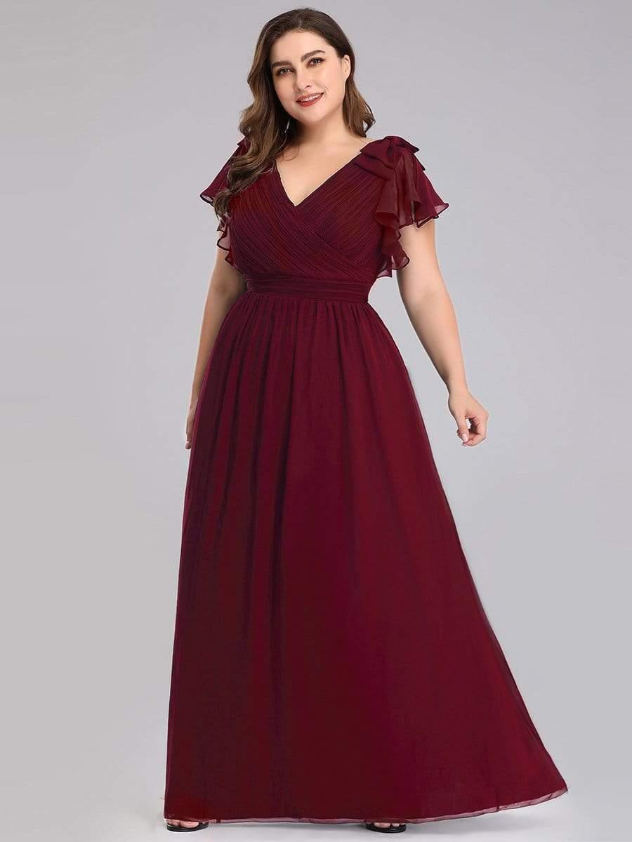 Ada | Plus Size Ruched Bodice Formal Evening Dresses with Ruffles Sleeves
