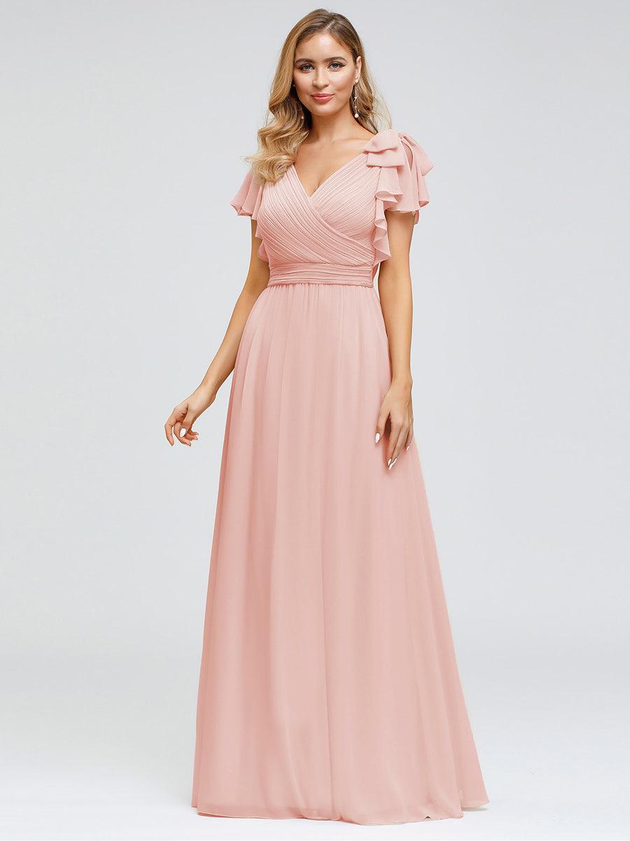 Ada | Elegant Pleated Bodice Ruffles Sleeves Chiffon Evening Dress