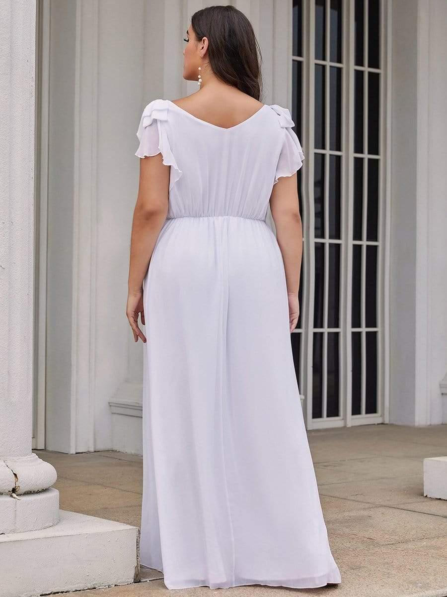 Elegant Pleated Bodice Ruffles Sleeves Chiffon Evening Dress #color_White
