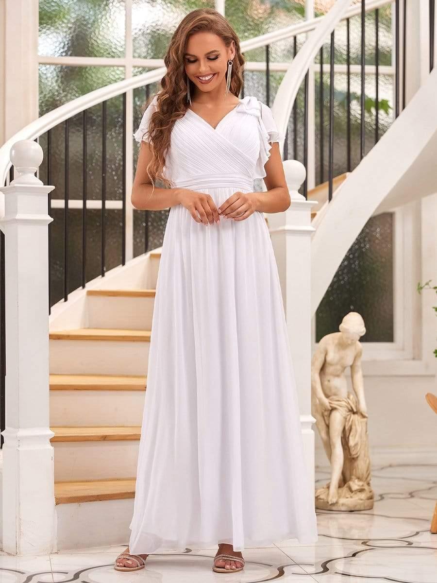 Elegant Pleated Bodice Ruffles Sleeves Chiffon Evening Dress #color_White