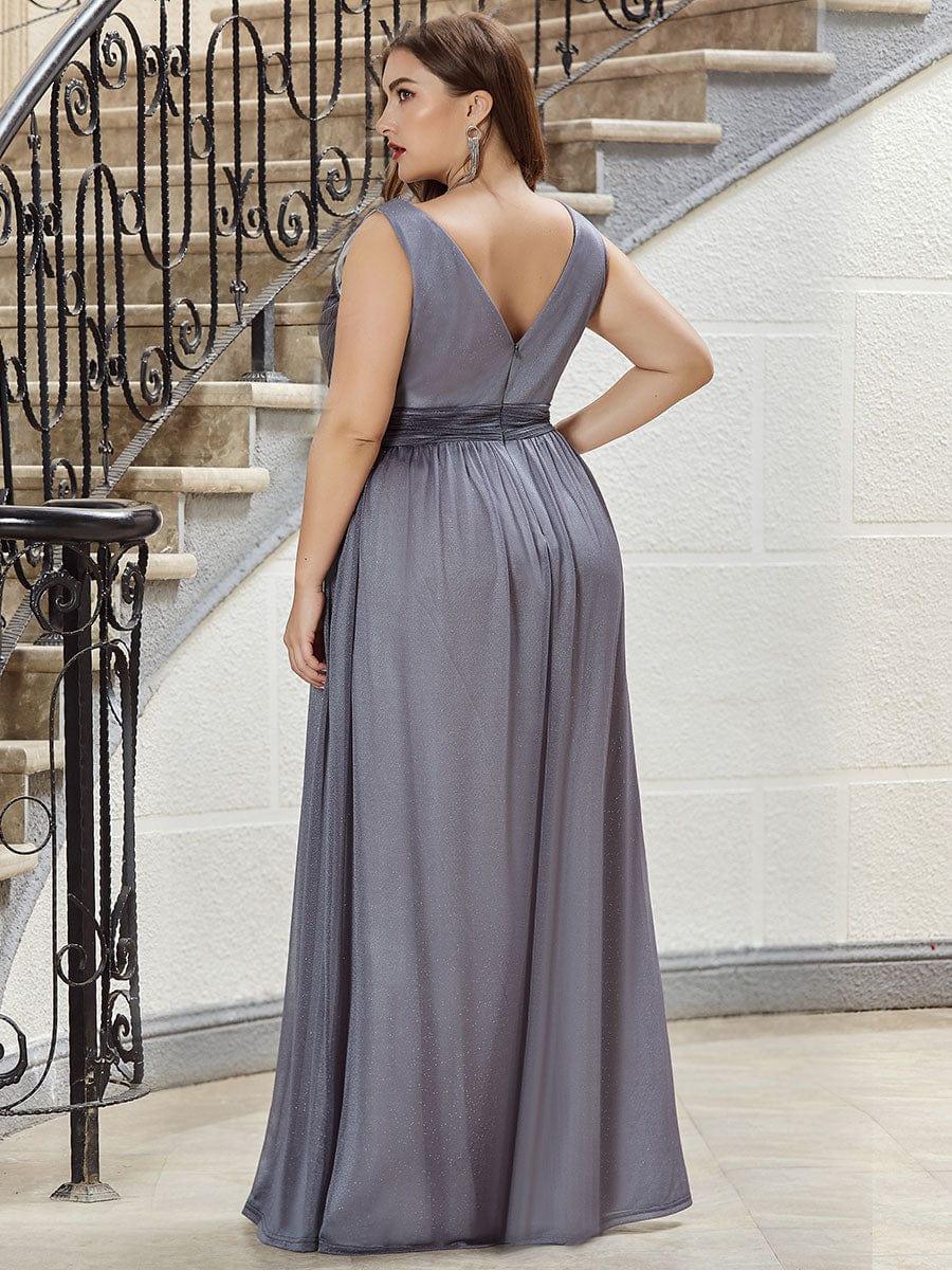 Double V Neck Maxi Long Plus Size Sparkly Evening Dresses for Party #color_Grey