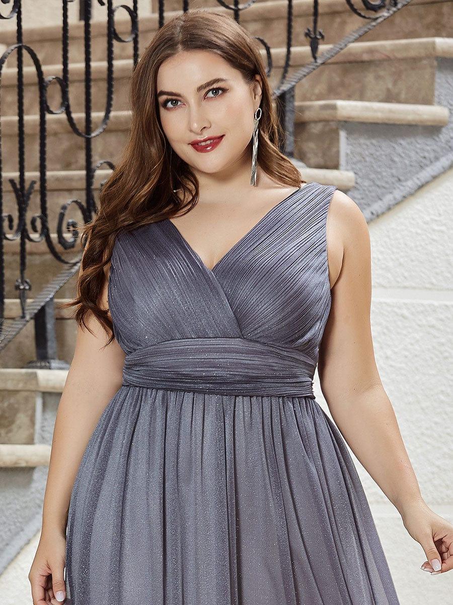 Double V Neck Maxi Long Plus Size Sparkly Evening Dresses for Party #color_Grey