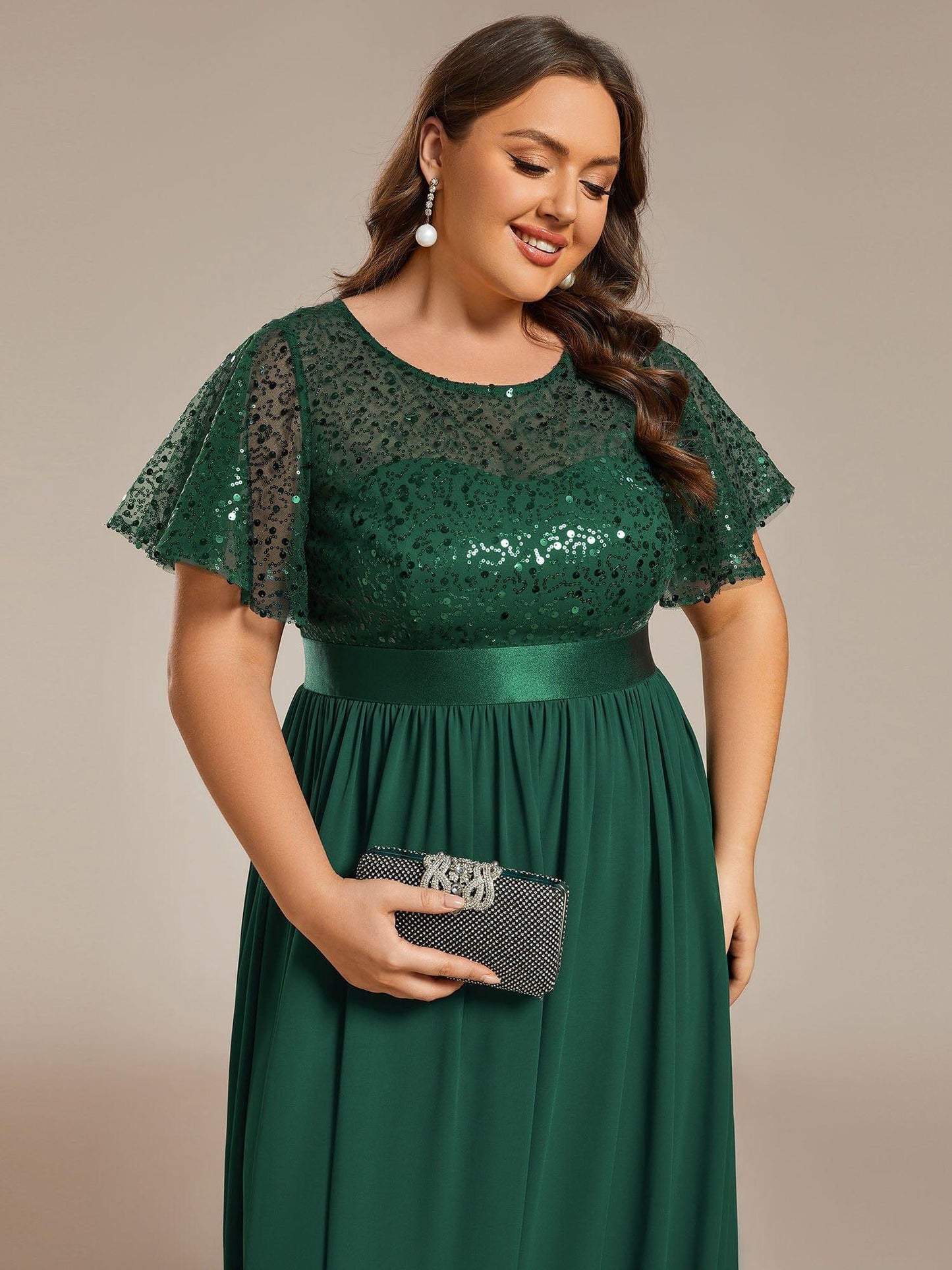 Plus Size Round-Neck Sequin High Waist Short-Sleeved Formal Evening Dress #color_Dark Green