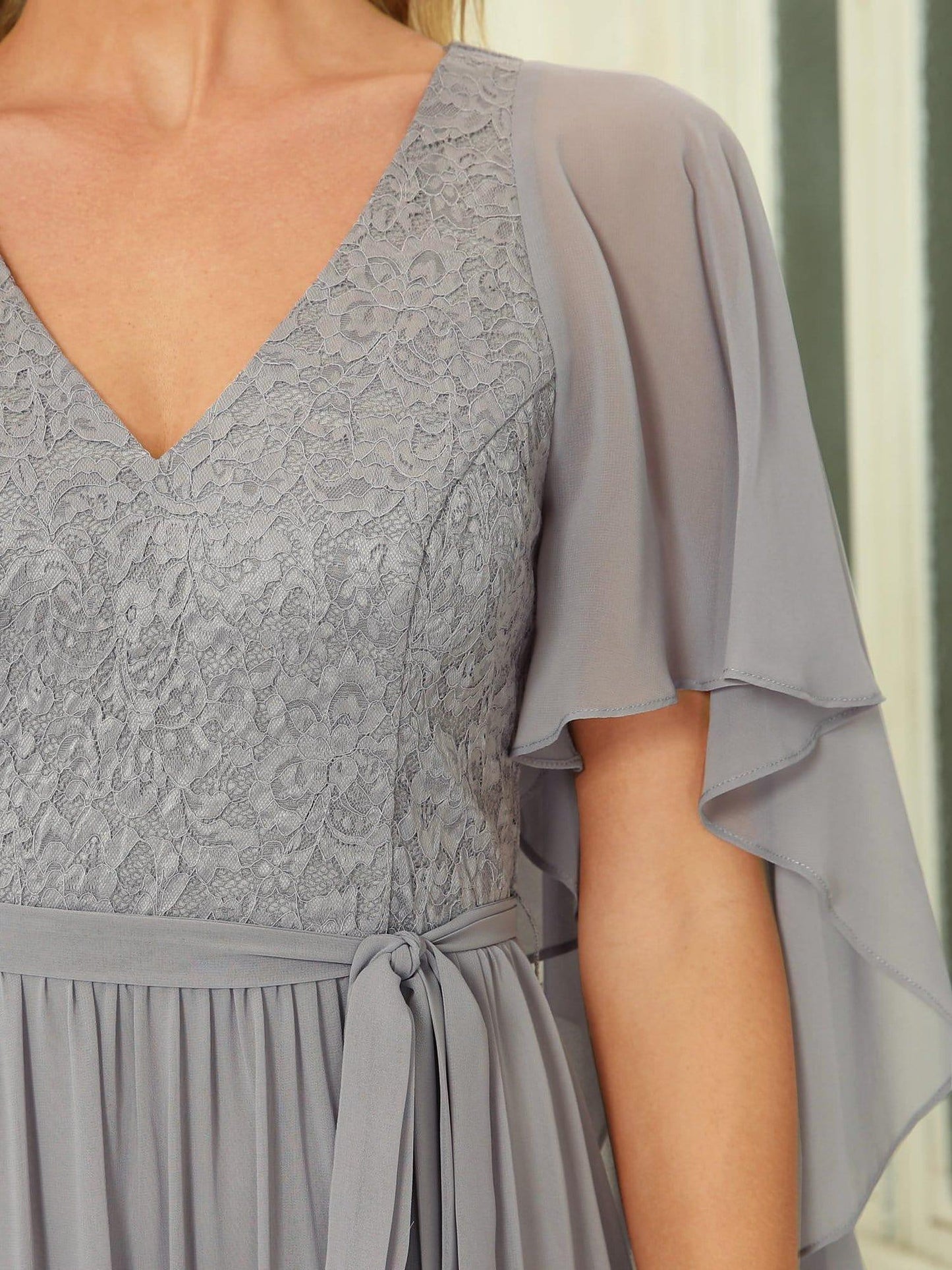 Deep V Neck Lace Bodice Long Flowy Evening Dress #color_Grey