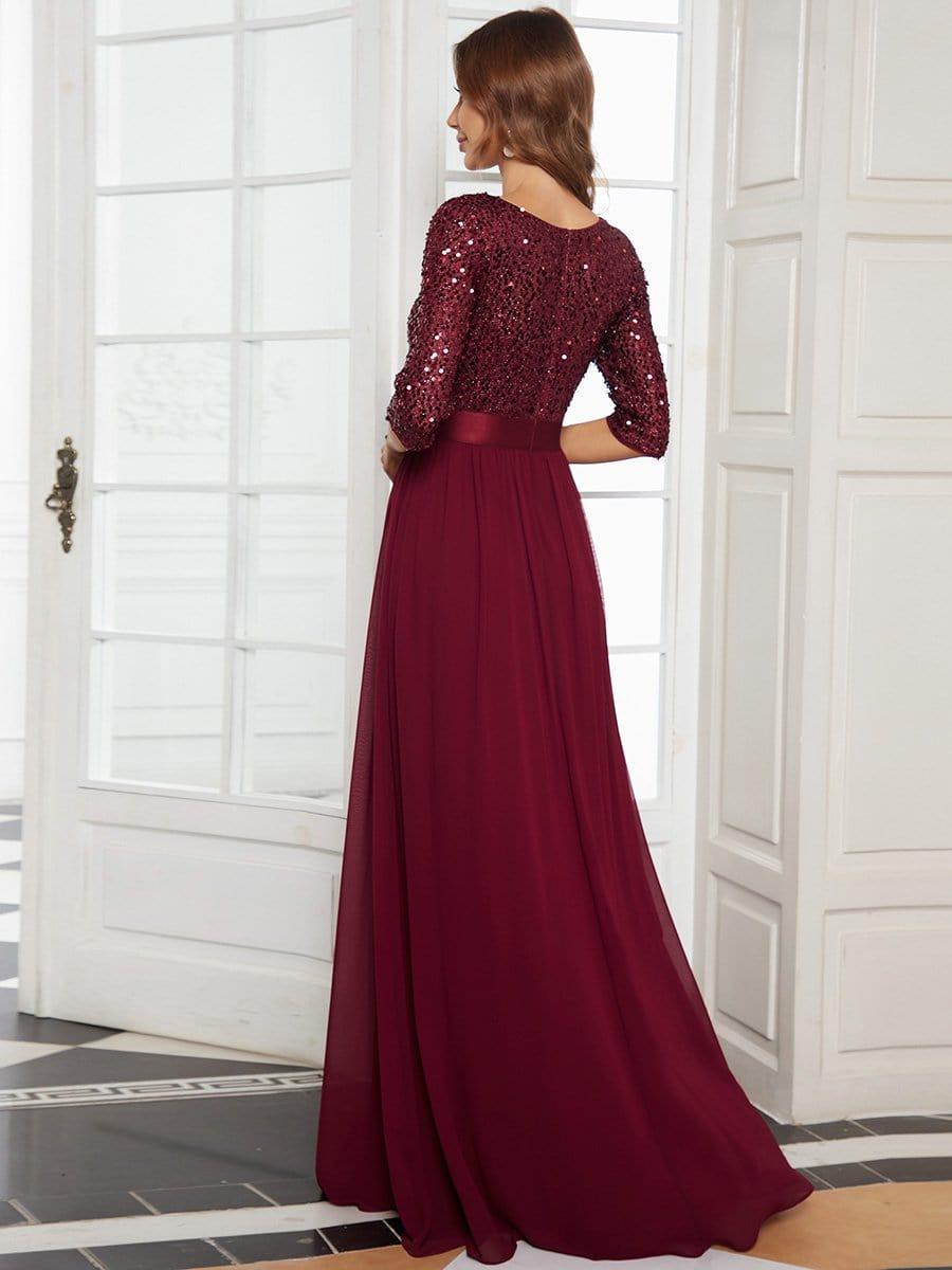 Elegant Round Neckline Long Sleeves Sequin Evening Dress #color_Burgundy
