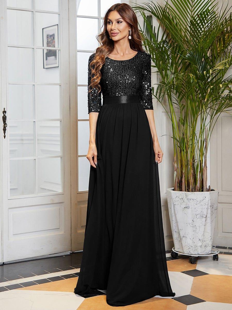 Elegant Round Neckline Long Sleeves Sequin Evening Dress #color_Black